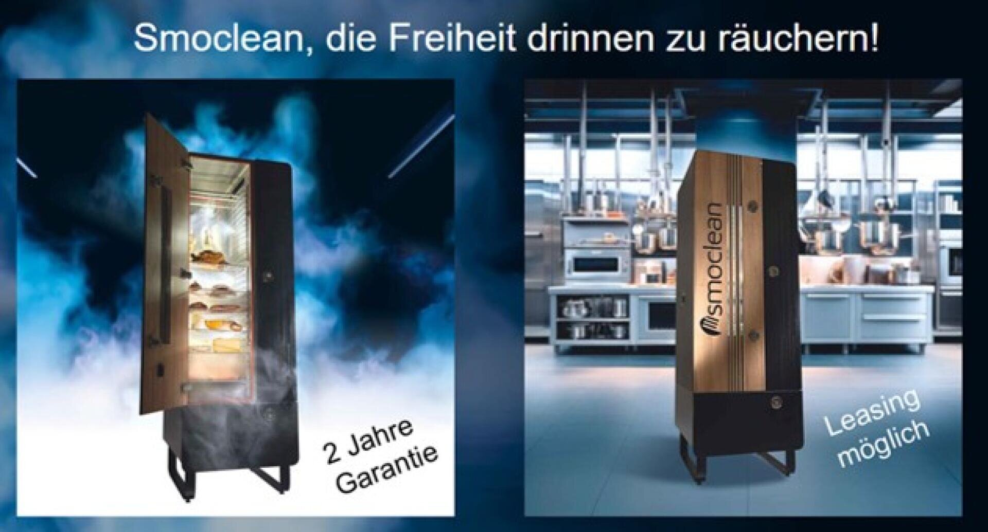 Zwei Smoclean-Räucheröfen in einer Küche, mit einem Text, der für das Räuchern in Innenräumen wirbt, einer zweijährigen Garantie und Leasingoptionen.