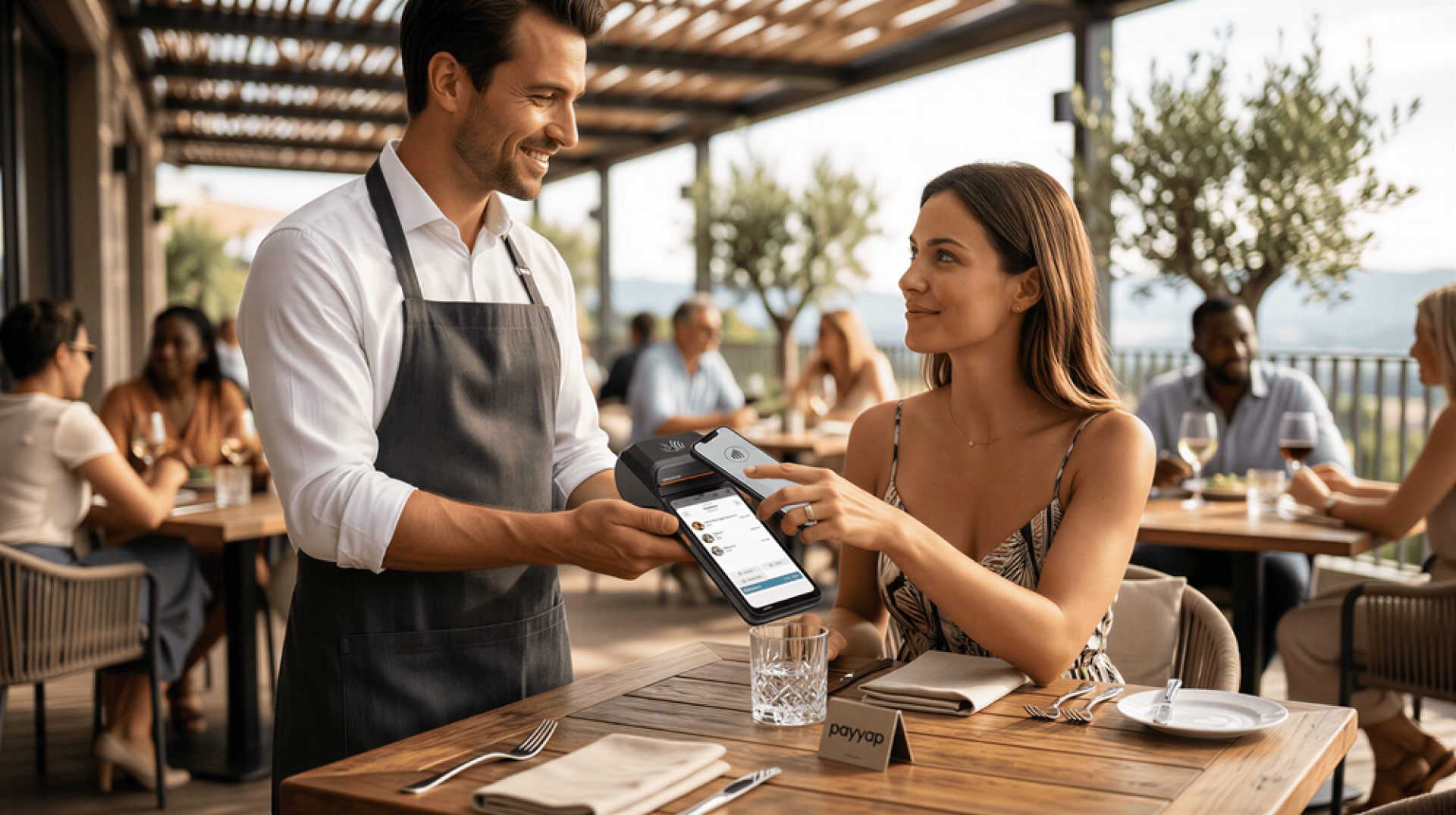 Eine Frau in einem Restaurant im Freien bezahlt mit einer kontaktlosen Karte an einem drahtlosen Zahlungsterminal, das ein lächelnder Kellner in der Hand hält. Im Hintergrund sind weitere Gäste zu sehen.