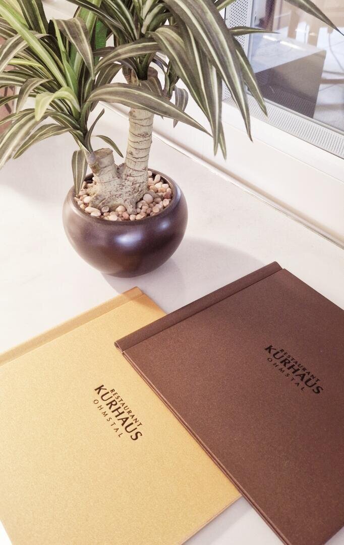 Auf einer weißen Fläche steht eine Topfpflanze neben zwei geschlossenen Speisekarten, eine gelbe und eine braune, mit der Aufschrift „RESTAURANT KURHAUS OLMISTAL“.