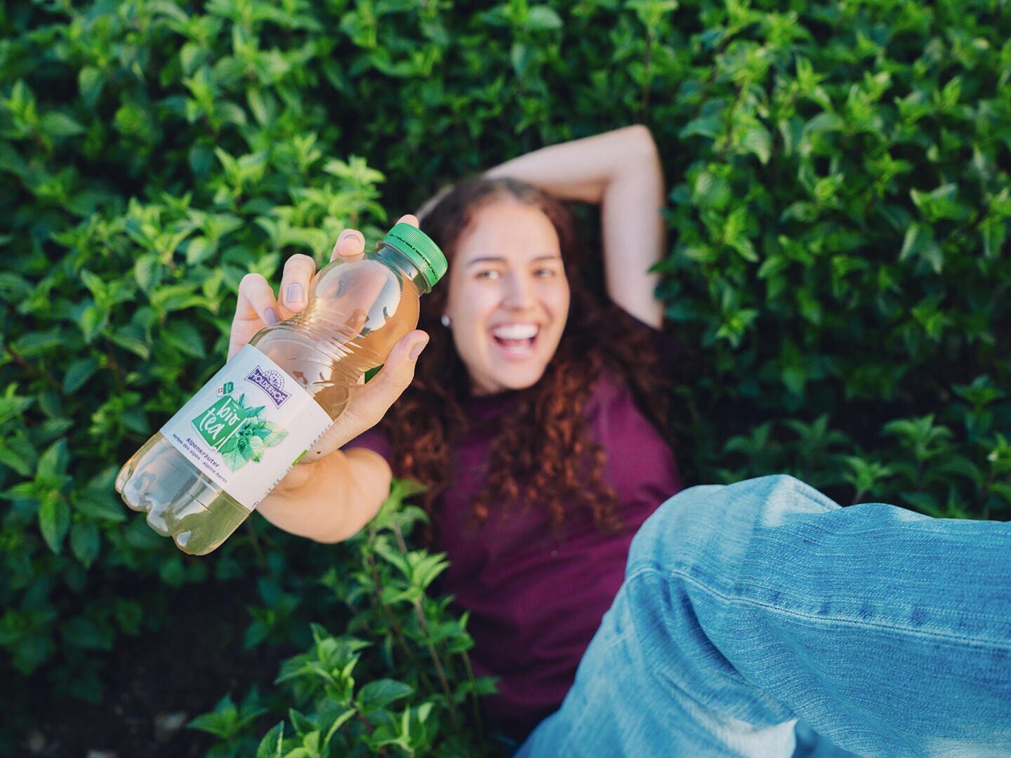Eine lächelnde Person liegt inmitten von Grünpflanzen und hält eine Flasche Grüntee in Richtung Kamera. Auf dem Etikett der Flasche sind Teeblätter abgebildet. Die Person trägt ein lila Hemd und Jeans.