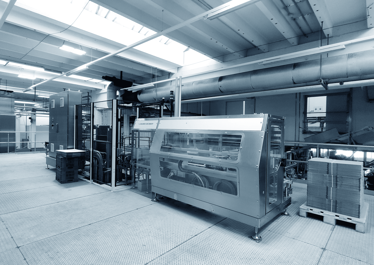 Eine moderne Industrieanlage mit automatisierten Maschinen und Geräten, darunter eine große Edelstahlmaschine und Stapel von Karton auf Paletten, unter einer Decke mit Oberlichtern und freiliegenden Kanälen.