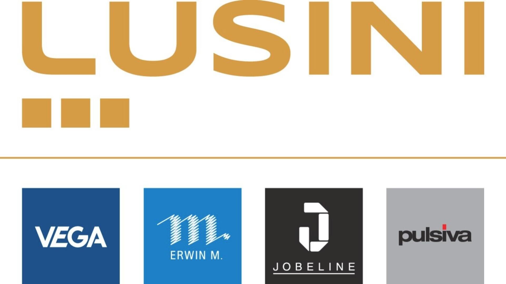 Das Bild zeigt das LUSINI-Logo über vier Markenlogos: VEGA, ERWIN M., JOBELINE und pulsiva, die jeweils in verschiedenfarbigen Quadraten dargestellt sind.