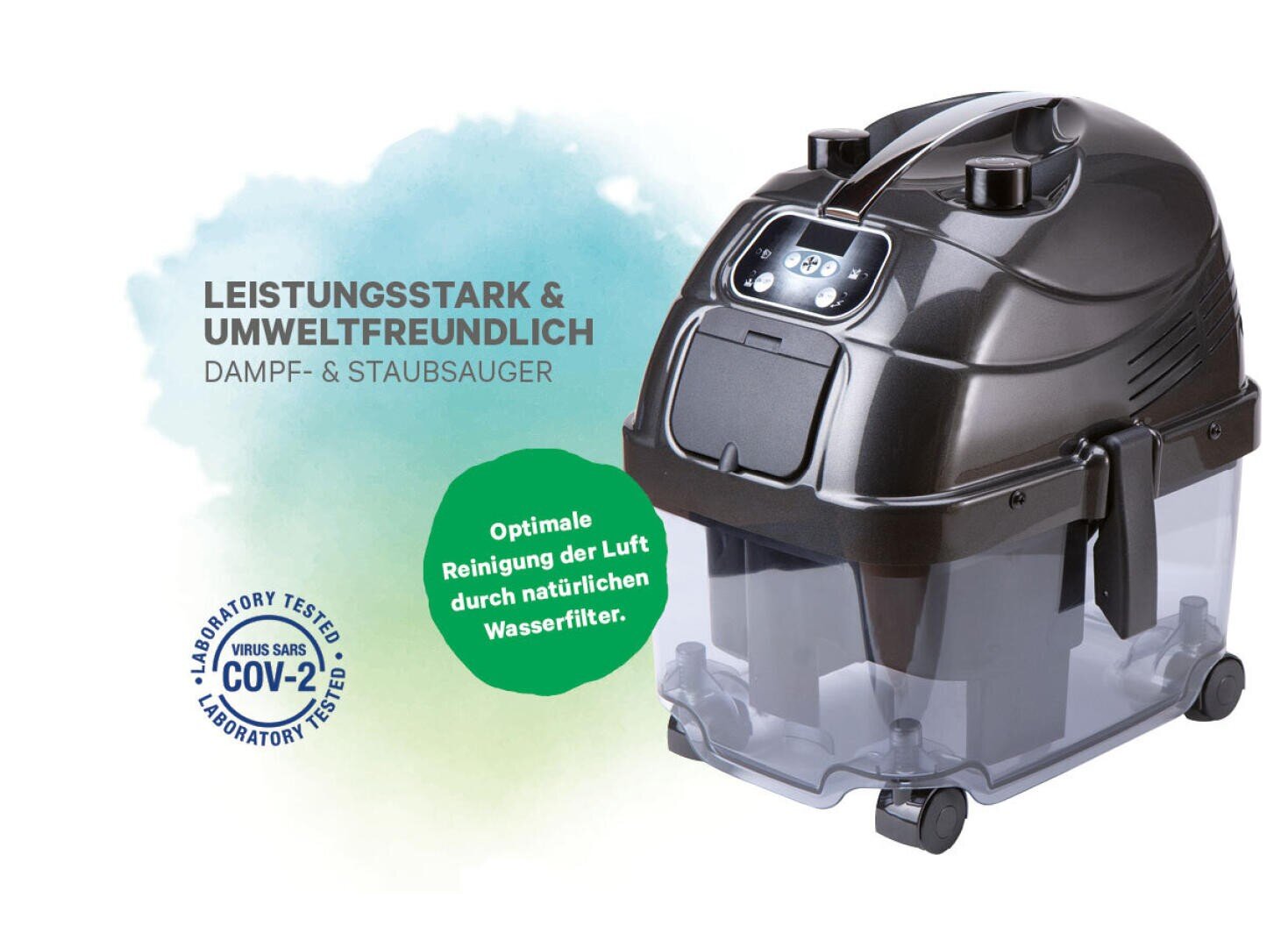 Schwarzer Dampfstaubsauger mit transparentem Wassertank, versehen mit einem deutschen Text über seine Leistungsfähigkeit, Umweltfreundlichkeit und die im Labor getestete Luftreinigung.