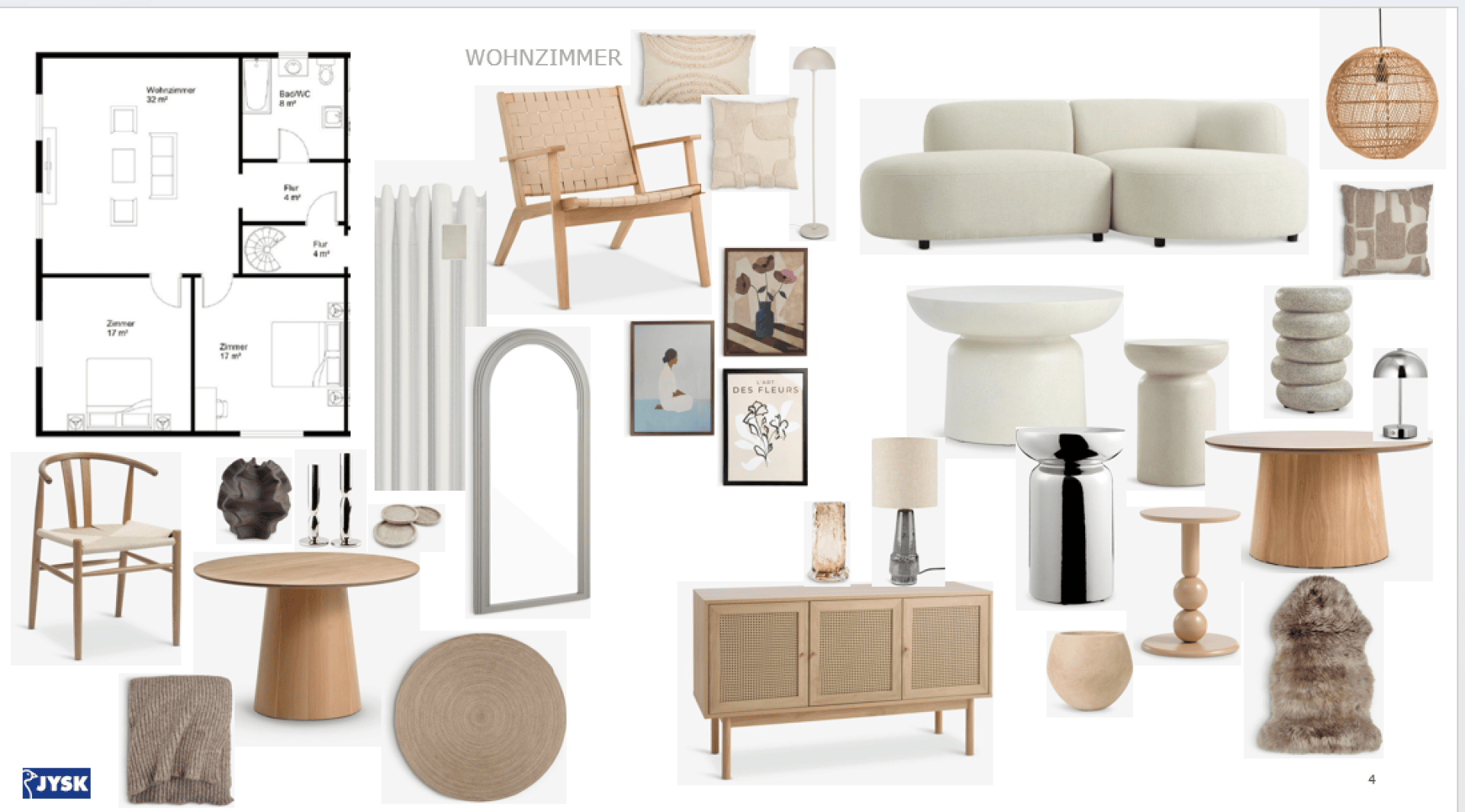 Moodboard zur Inneneinrichtung eines Wohnzimmers mit Grundriss, hellen Möbeln, Dekorationselementen und Leuchten sowie dem JYSK-Logo in der Ecke.