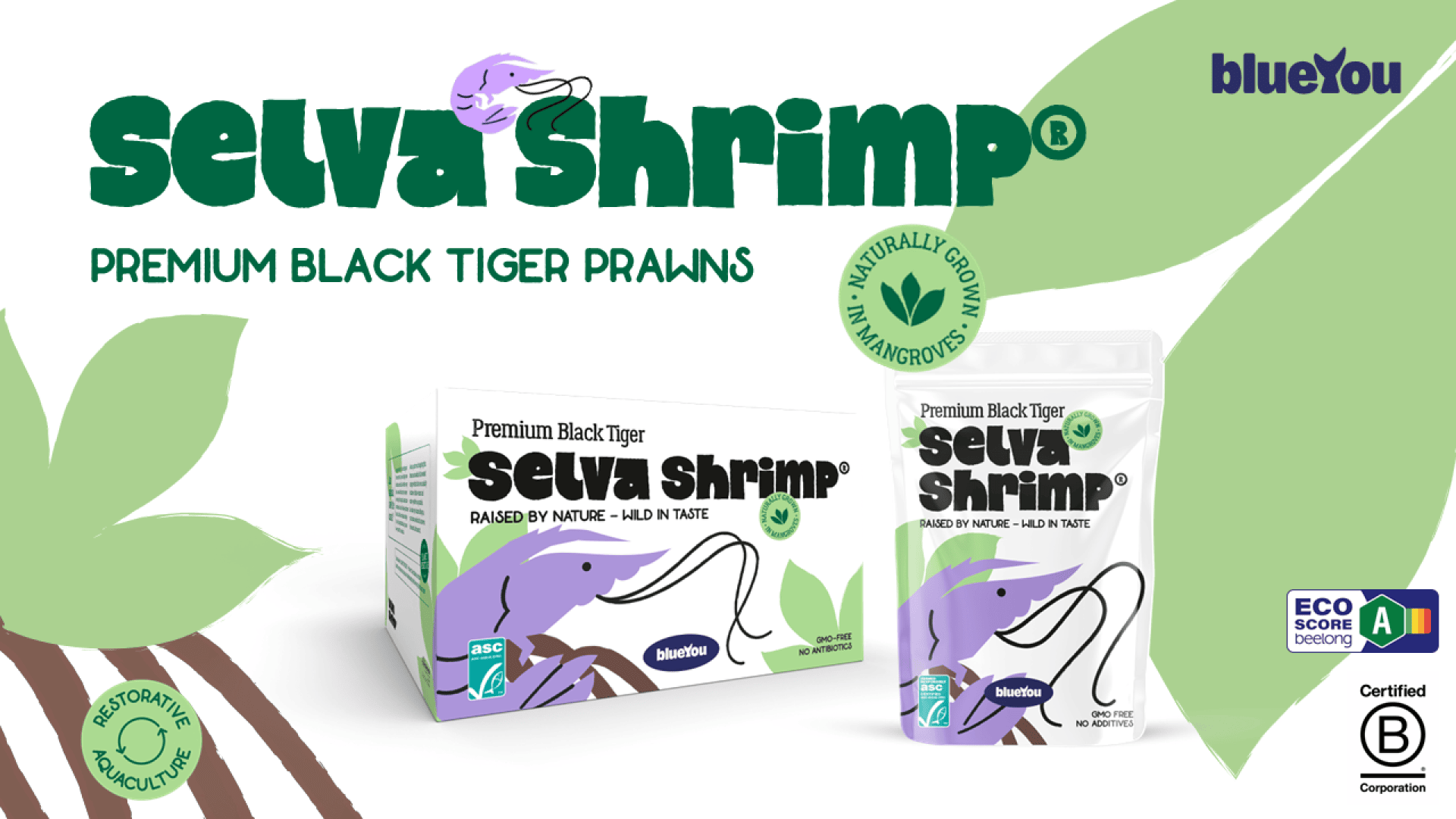 Verpackung von „Selva Shrimp“ mit einer Abbildung einer Black-Tiger-Garnele, umweltfreundlichen Etiketten, grünen Blättern sowie Zertifizierungen für nachhaltige Aquakultur, den Eco-Score und den B-Corporation-Status. Marken- und Produktangaben sind in fetter, grüner und schwarzer Schrift dargestellt.