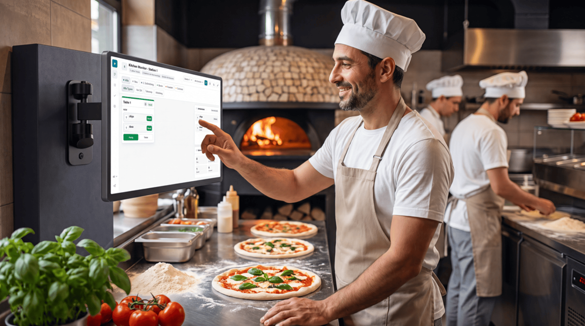 Ein Koch in der Küche einer Pizzeria bedient während der Zubereitung von Pizzen einen Touchscreen-Computer. Im Hintergrund arbeiten weitere Köche in der Nähe eines Holzofens. Auf der Arbeitsplatte liegen frische Zutaten, darunter Tomaten und Basilikum.