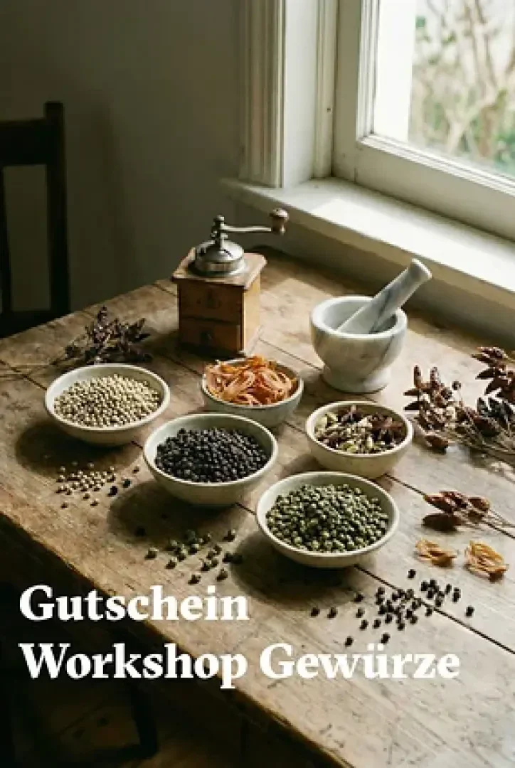 Ein Holztisch, auf dem kleine Schälchen mit verschiedenen Gewürzen, ein Mörser mit Stößel und eine Gewürzmühle stehen, darüber der Text Gutschein Workshop Gewürze.