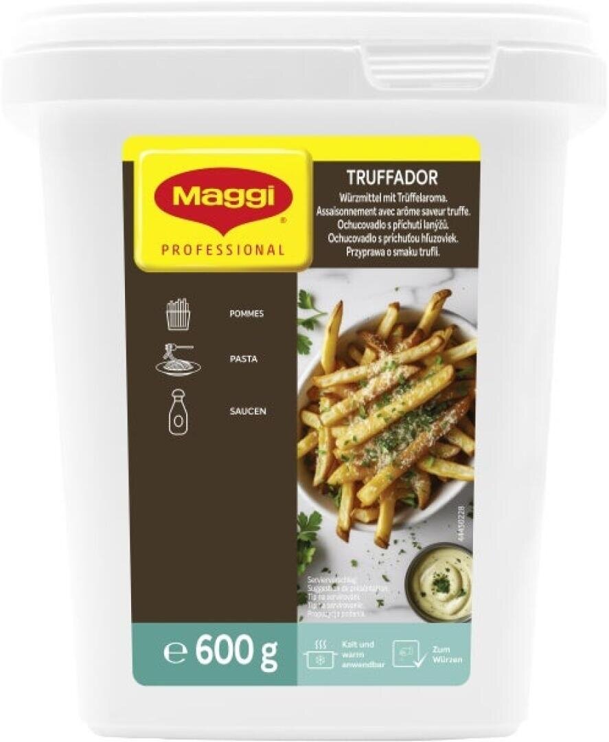 Eine 600-g-Dose Maggi Professional-Gewürzmischung mit Trüffelgeschmack, auf der eine Schüssel Pommes frites mit der Gewürzmischung sowie eine kleine Schale mit Dip-Sauce zu sehen sind.