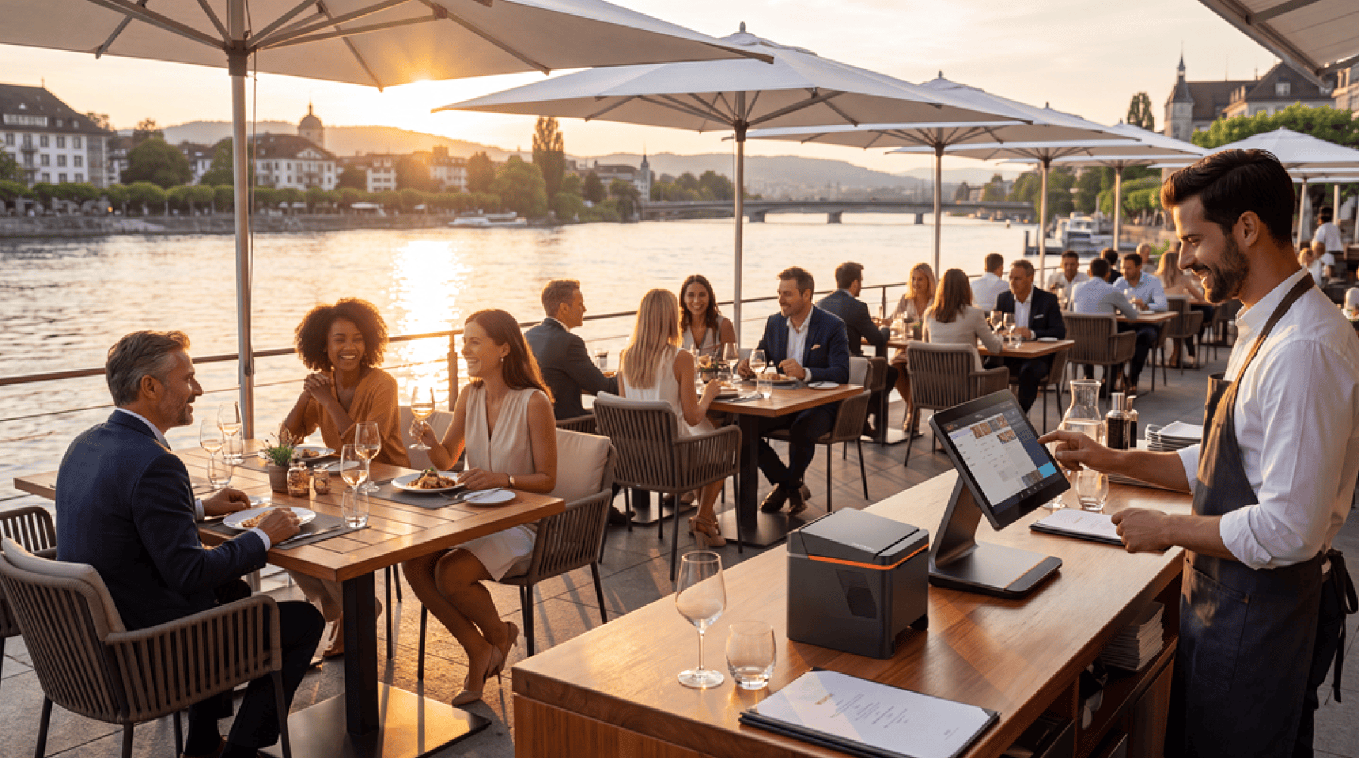 Menschen, die bei Sonnenuntergang in einem Restaurant am Flussufer im Freien zu Abend essen; im Vordergrund ist ein Kellner zu sehen, der ein Kassensystem bedient. Auf den Tischen stehen Weingläser, und Sonnenschirme spenden Schatten.