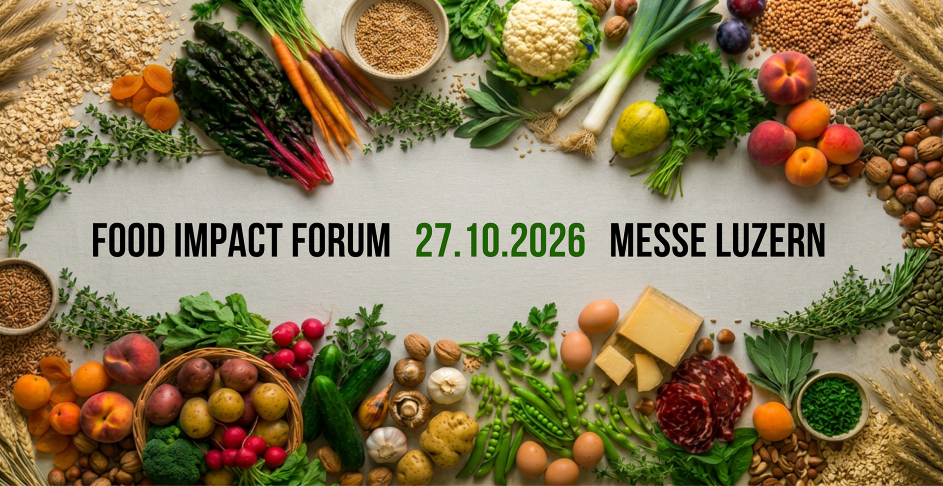 Auf einer weißen Tischdecke sind verschiedene Obst- und Gemüsesorten, Getreideprodukte, Käse und Fleischsorten so angeordnet, dass sie den Schriftzug „Food Impact Forum 27.10.2026 Messe Luzern“ umrahmen.