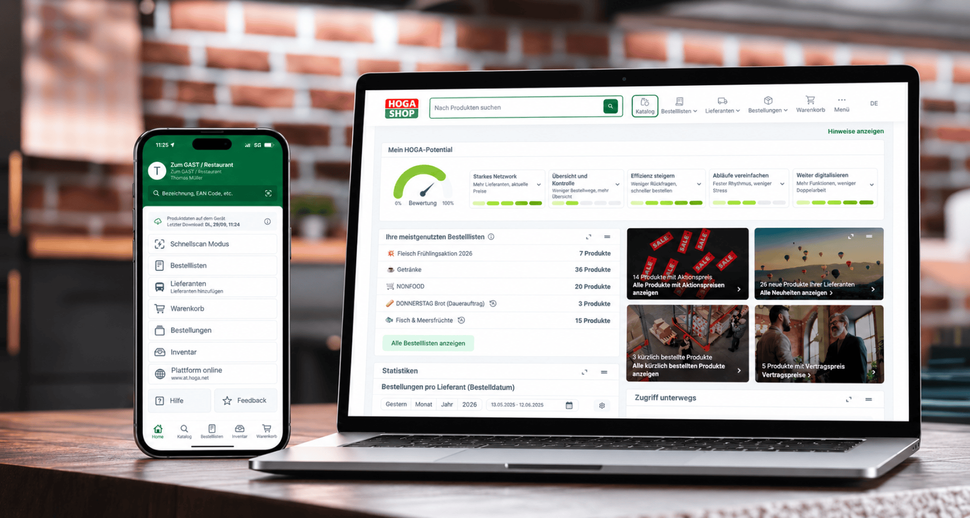 Die HOGA SHOP-Benutzeroberfläche auf einem Smartphone und einem Laptop, mit Konto-Dashboards, Navigationsmenüs, Bestandslisten und Kacheln für Aktionsprodukte.