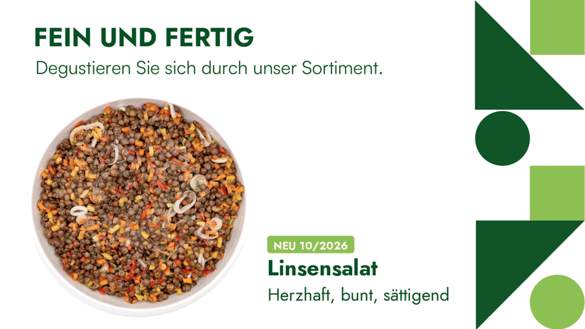 Eine Schüssel Linsensalat mit gehacktem Gemüse, betitelt Linsensalat: Herzhaft, bunt, sättigend, mit Werbetext.