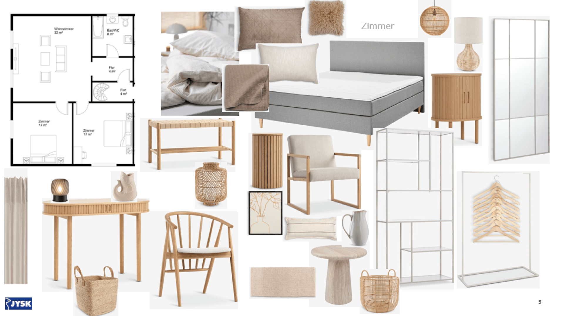 Moodboard für ein Schlafzimmer mit einem grauen Bett, Holzmöbeln, Beleuchtung, Dekoration und einem Grundriss.