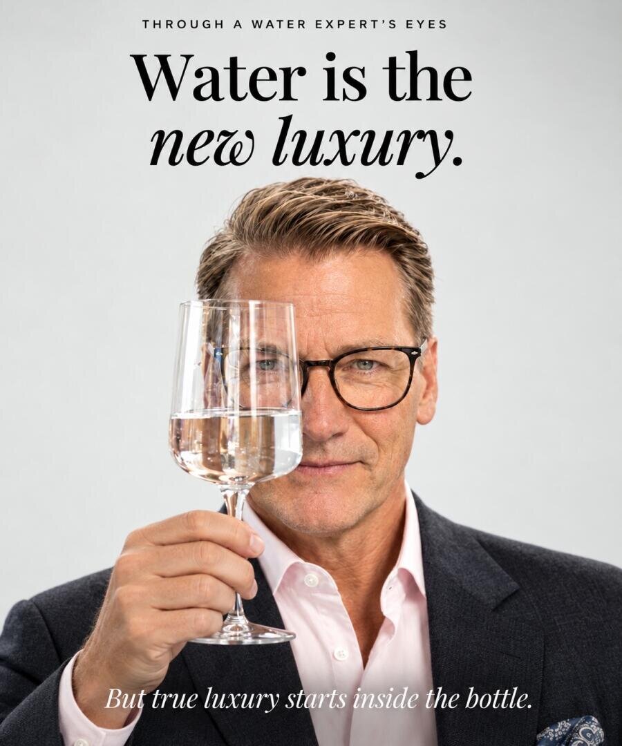 Ein Mann mit Brille im Anzug hält ein Glas Wasser vor sein Auge, dazu der Text: Aus der Sicht eines Wasserexperten. Wasser ist der neue Luxus. Doch wahrer Luxus beginnt im Inneren der Flasche.