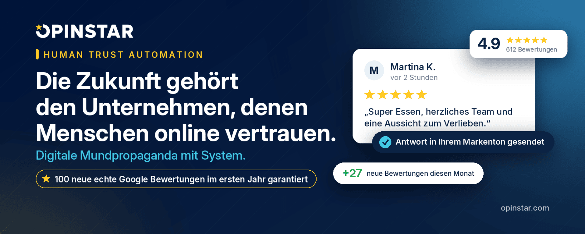 Opinstar-Anzeige mit Bewertungen und Sternen, deutscher Text: „Die Zukunft gehört den Unternehmen, denen Menschen online vertrauen.“ Hervorgehobene Vertrauensbewertung, Kundenbewertung und Abzeichen für die Google-Bewertungsgarantie. Blau-gelbes Design.