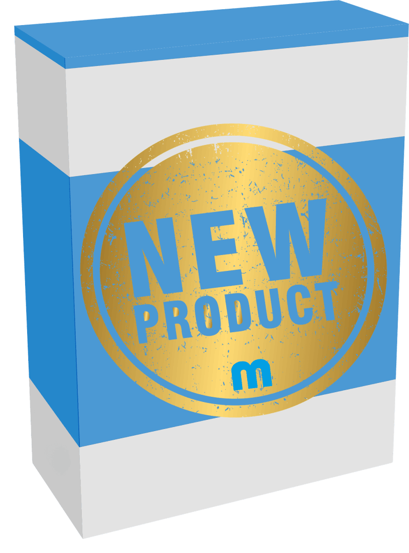 Eine blau-weiße Produktverpackung mit einem großen goldenen Siegel, auf dem in fetten blauen Buchstaben „NEUES PRODUKT“ steht.