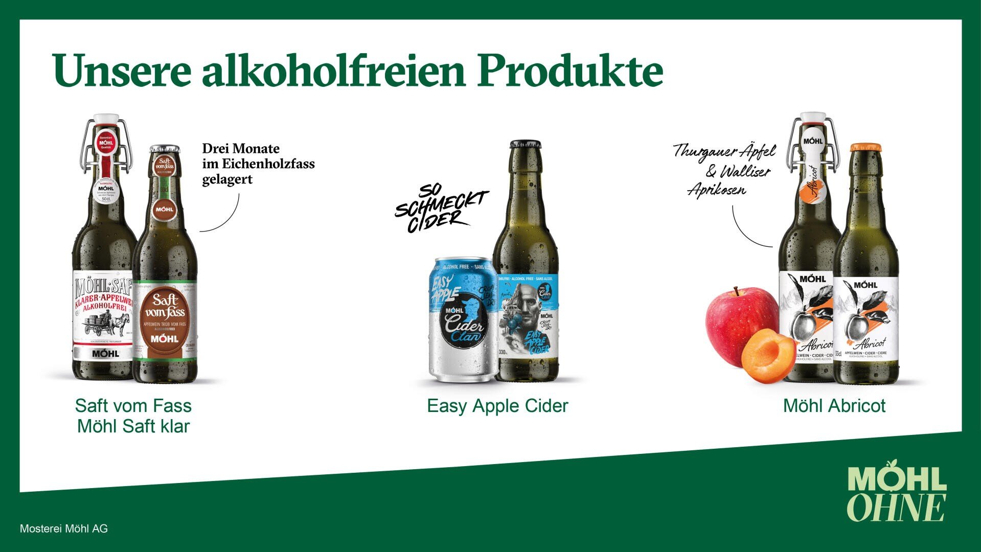 Drei Flaschen, die jeweils als alkoholfreie Apfelgetränke gekennzeichnet sind, mit ihren Beschreibungen und Abbildungen von Äpfeln und Aprikosen. Ein deutscher Text stellt die alkoholfreien Produkte der Marke Möhl vor.