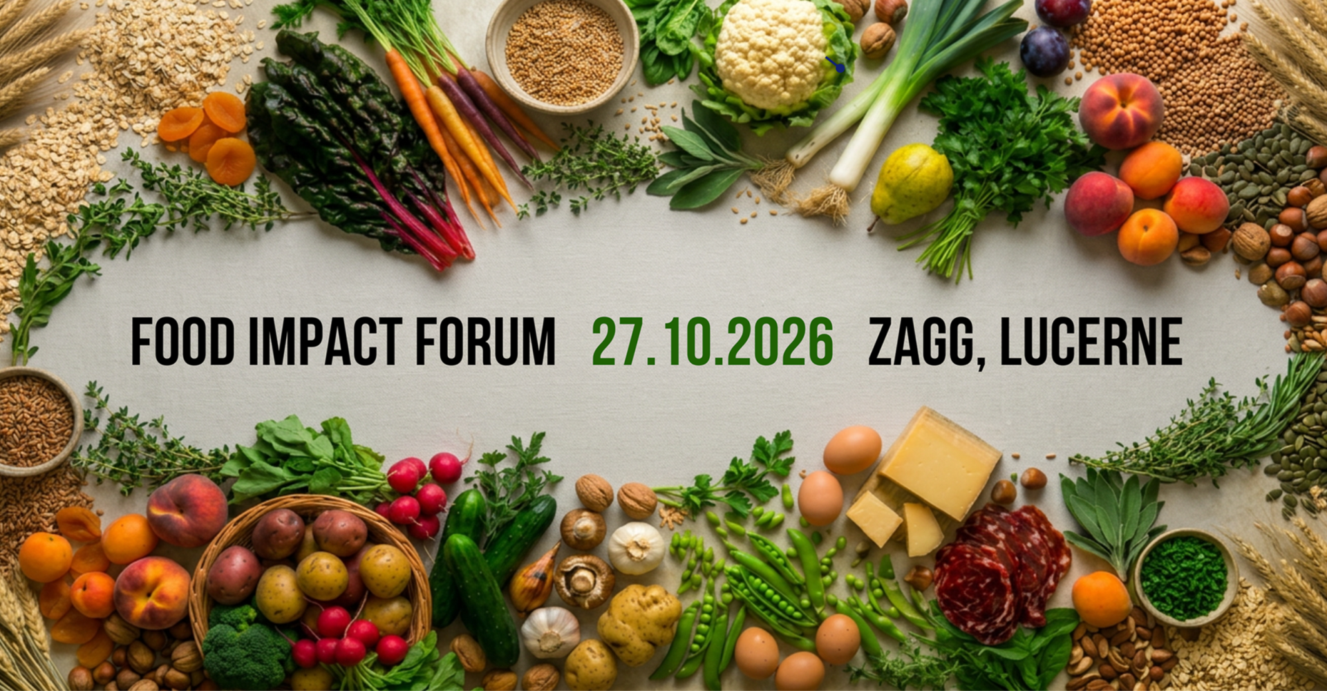 Bunte Obst- und Gemüsesorten, Getreide und Käsesorten umrahmen auf hellem Hintergrund den Schriftzug „FOOD IMPACT FORUM 27.10.2026 ZAGG, LUZERN“. Das Bild wirbt für eine Lebensmittelveranstaltung mit Schwerpunkt auf gesunden Zutaten.
