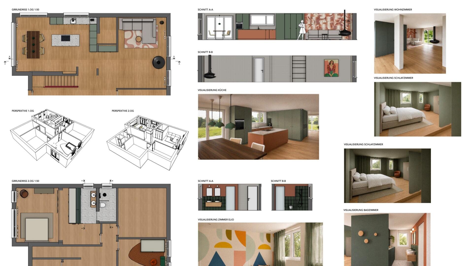 Grundrisse, 3D-Renderings und Visualisierungen der Innenausstattung einer Wohnung, die verschiedene Räume, Ansichten und Möbelanordnungen in einem modernen Stil mit Grün-, Holz- und neutralen Farbtönen zeigen.