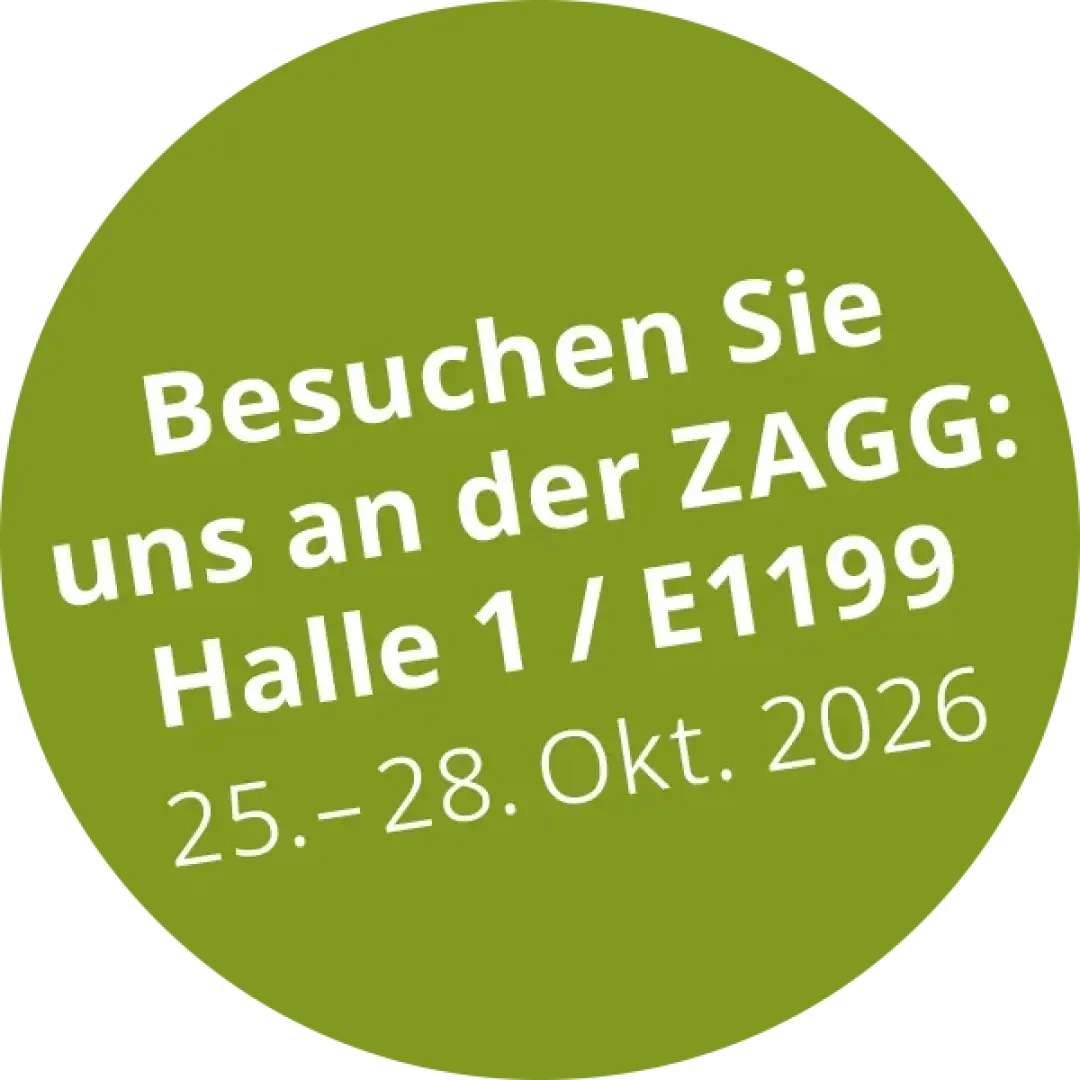 Grüne, kreisförmige Grafik, die Besucher zur ZAGG-Messe in Halle 1, Stand E1199, vom 25. bis 28. Oktober 2026 einlädt.