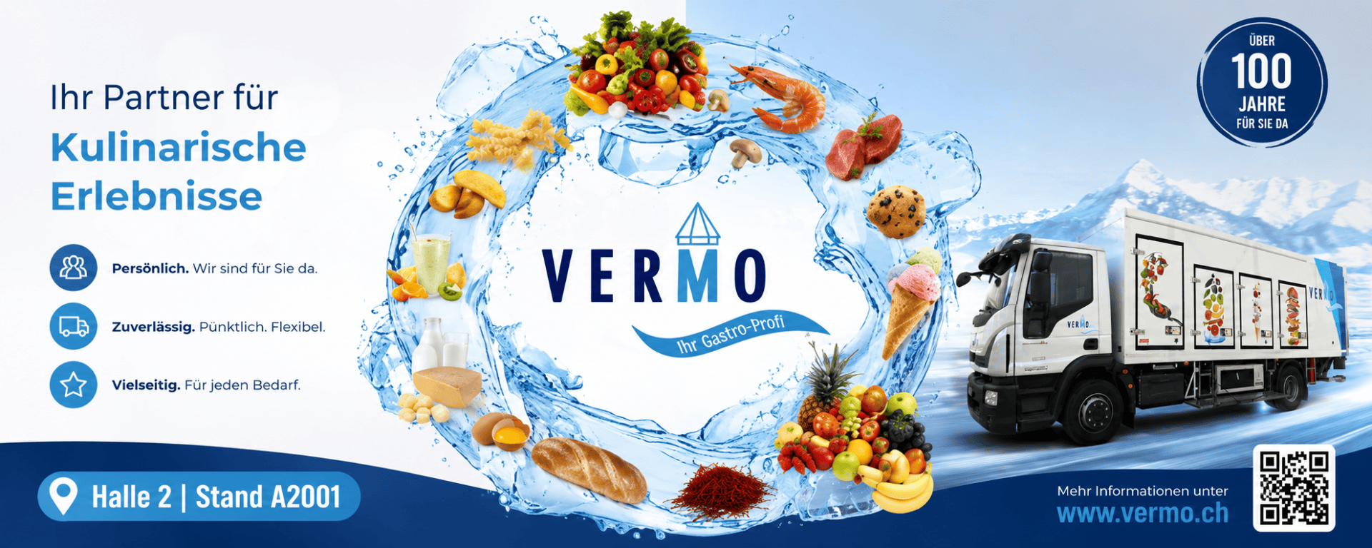 Ein Lkw mit dem VERMO-Logo fährt durch eine Wasserfontäne, umgeben von verschiedenen Lebensmitteln wie Brot, Käse, Meeresfrüchten und Obst. Ein deutscher Text wirbt für kulinarische Erlebnisse. Auf einem blauen Schild steht: „Seit über 100 Jahren für Sie …“.