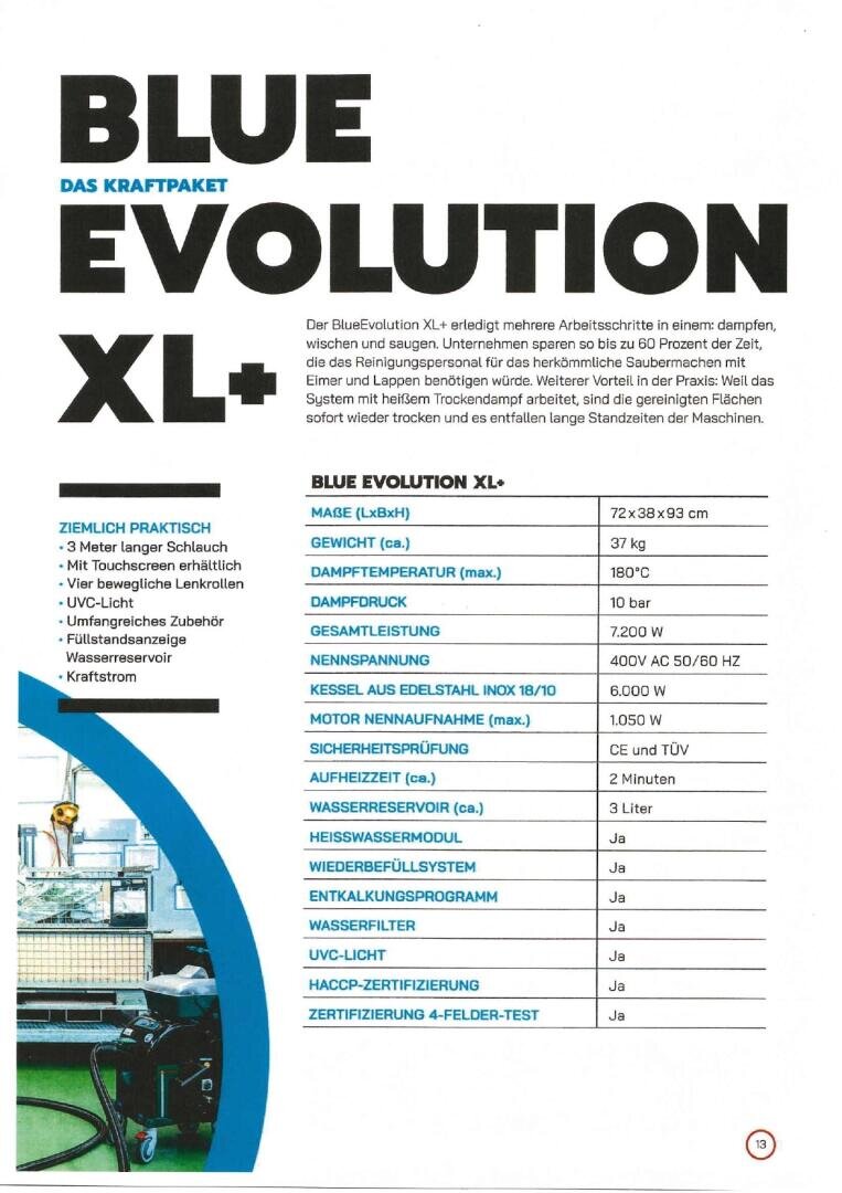 Produktinformationsblatt für die Reinigungsmaschine „Blue Evolution XL+“ mit technischen Daten, Ausstattungsmerkmalen und einer kleinen Abbildung der Maschine unten links.