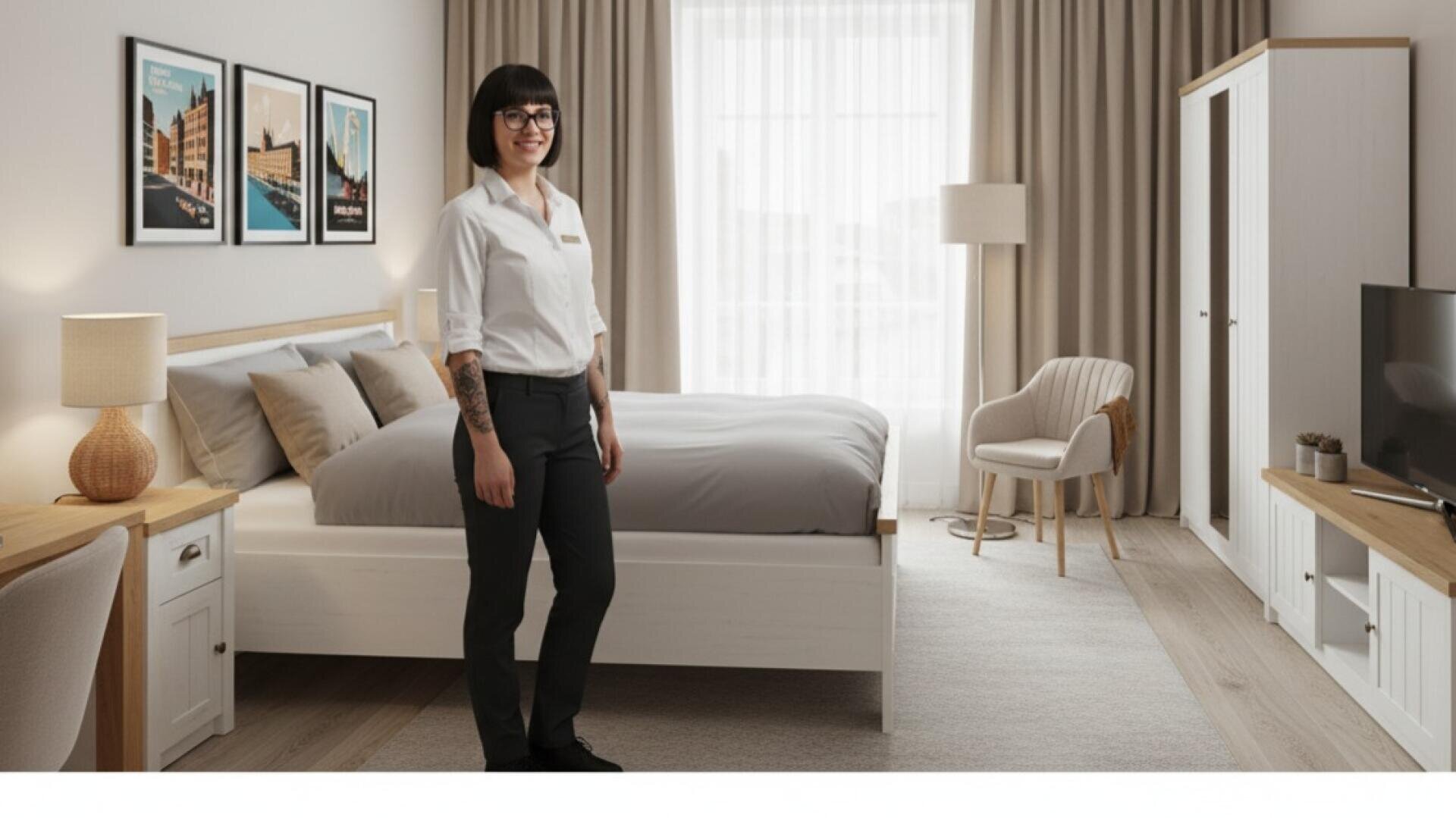 Eine Frau in einem weißen Hemd und einer dunklen Hose steht in einem Hotelzimmer.