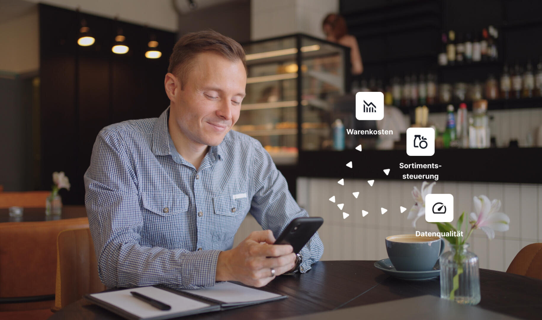 Ein Mann, der in einem Café auf sein Smartphone lächelt, umgeben von digitalen Symbolen und Schriftzügen wie Warenkosten, Sortimentssteuerung und Datenqualität.