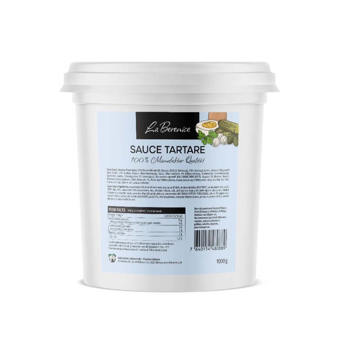 Eine 1000-g-Packung La Berenice Tartarsauce mit einem Produktetikett, auf dem die Zutatenangaben und eine Nährwerttabelle aufgeführt sind.