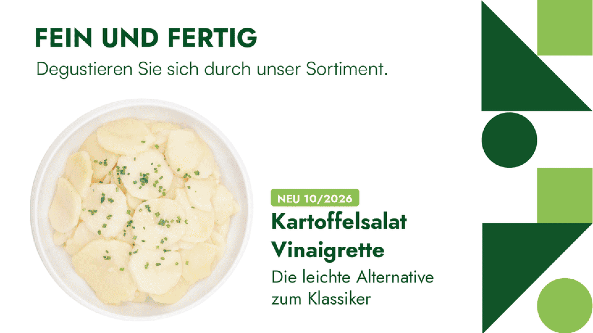 Eine Schüssel Kartoffelsalat, garniert mit Kräutern, daneben ein Text, in dem Kartoffelsalat Vinaigrette als leichte Alternative zum klassischen Gericht beworben wird.