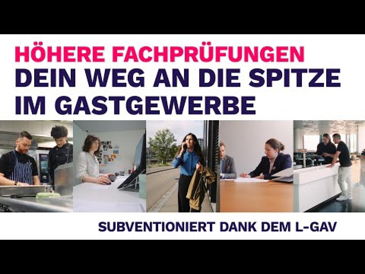 Eine Collage von Menschen, die im Gastgewerbe tätig sind, mit einem deutschen Text, der für Fortbildungsprüfungen und den beruflichen Aufstieg wirbt und dabei staatliche Fördermittel für die Branche hervorhebt.