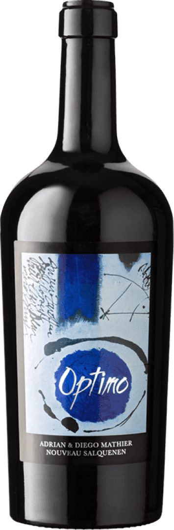 Eine dunkle Weinflasche mit der Aufschrift „Optimo“, auf deren Etikett ein abstraktes blau-schwarzes Motiv abgebildet ist und der Text „Adrian & Diego Mathier Nouveau Salquenen“ zu lesen ist.
