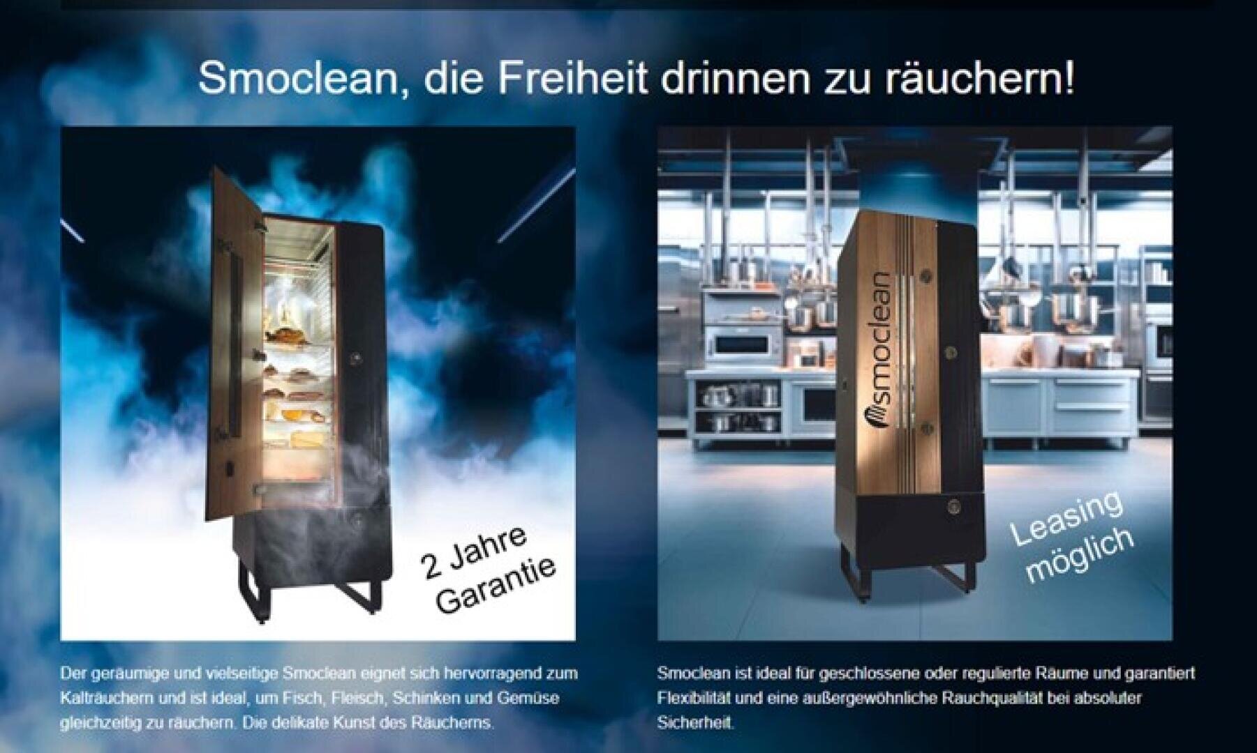 Werbebild für Smoclean-Räucherschränke, auf dem zwei Modelle zu sehen sind und in dem auf eine zweijährige Garantie sowie Leasingoptionen hingewiesen wird.