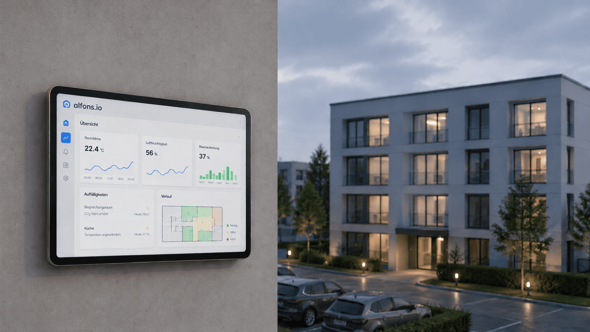 An einer Außenwand ist ein digitaler Informationsbildschirm angebracht, auf dem Gebäudedaten angezeigt werden; im Hintergrund sind in der Abenddämmerung ein moderner Wohnkomplex und geparkte Autos zu sehen.