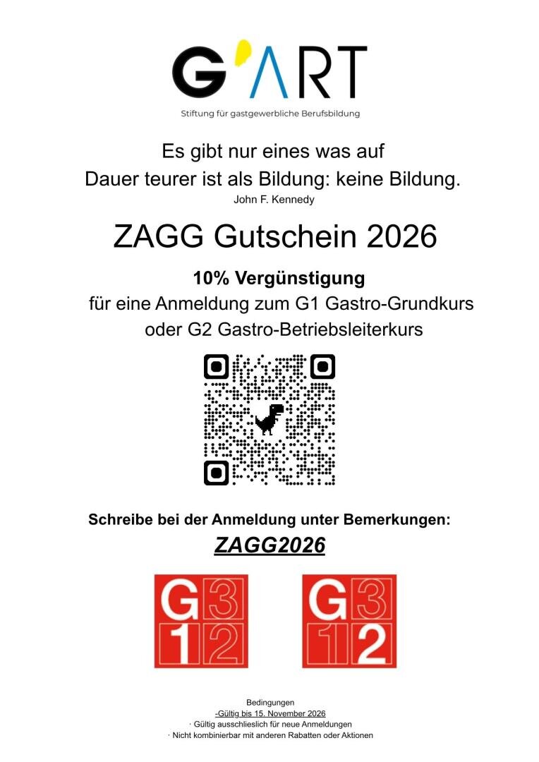 GART-Gutschein für 2026 mit 10 % Rabatt auf G1- oder G2-Gastronomie-Kurse bei Verwendung des Codes ZAGG2026, mit QR-Code und gültig bis zum 15. November 2026.