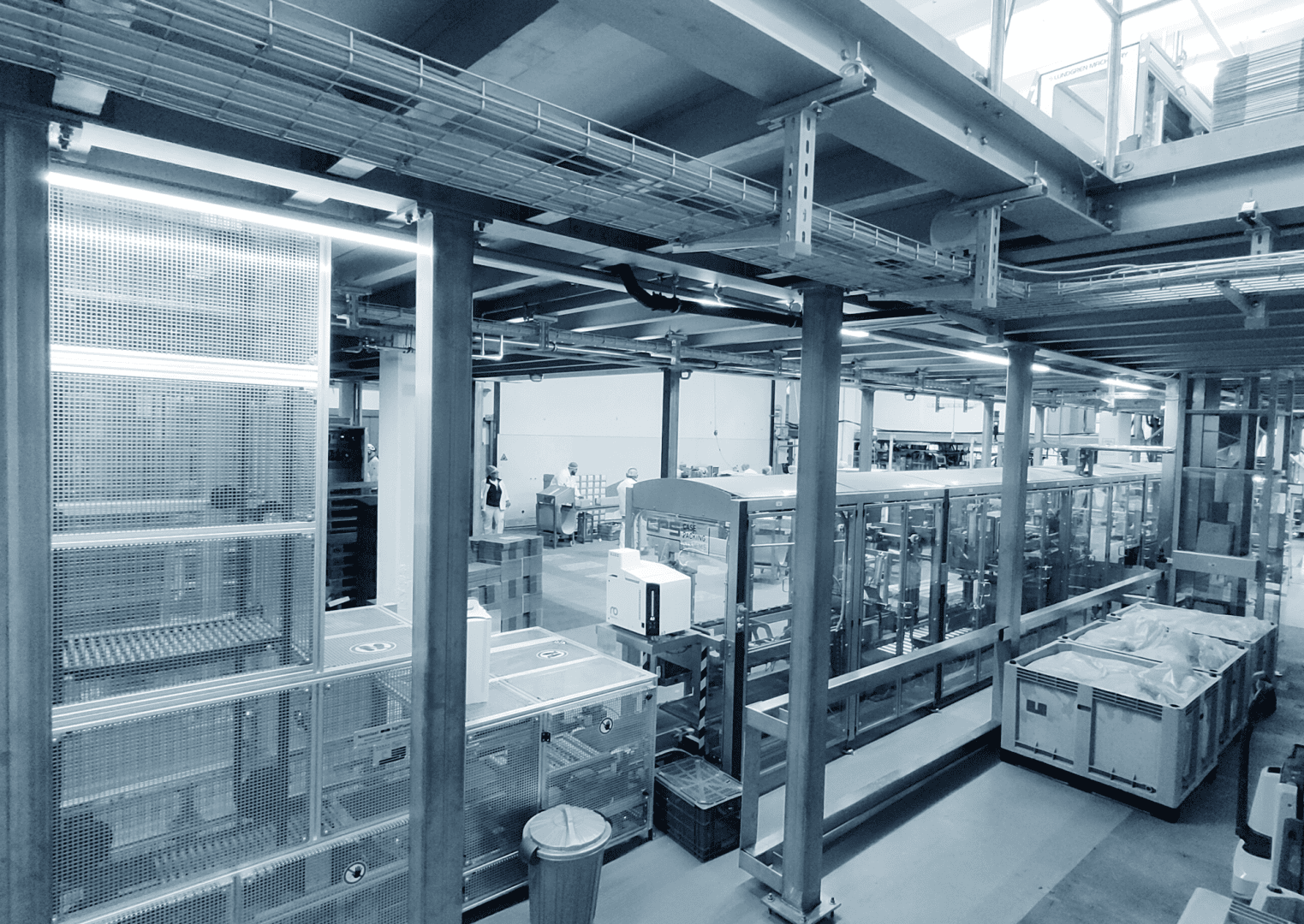 Ein modernes industrielles Fabrikinterieur mit Maschinen, Metallstrukturen, Förderbändern und Kisten; im Hintergrund sind Arbeiter zwischen den Geräten zu sehen.