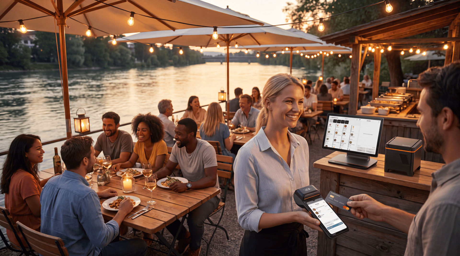Ein lächelnder Kellner nimmt in einem Restaurant am Flussufer, das bei Sonnenuntergang voller Gäste ist, die dort essen und sich unterhalten, eine kontaktlose Zahlung von einem Kunden entgegen.