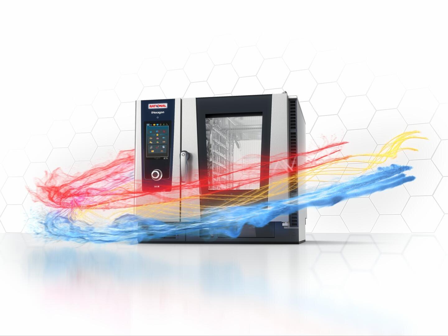 Ein gewerblicher Küchenbackofen mit Digitalanzeige ist von wirbelnden roten, blauen und gelben Energielinien umgeben, die sich vor einem weißen Hintergrund mit Sechseckmuster abheben.