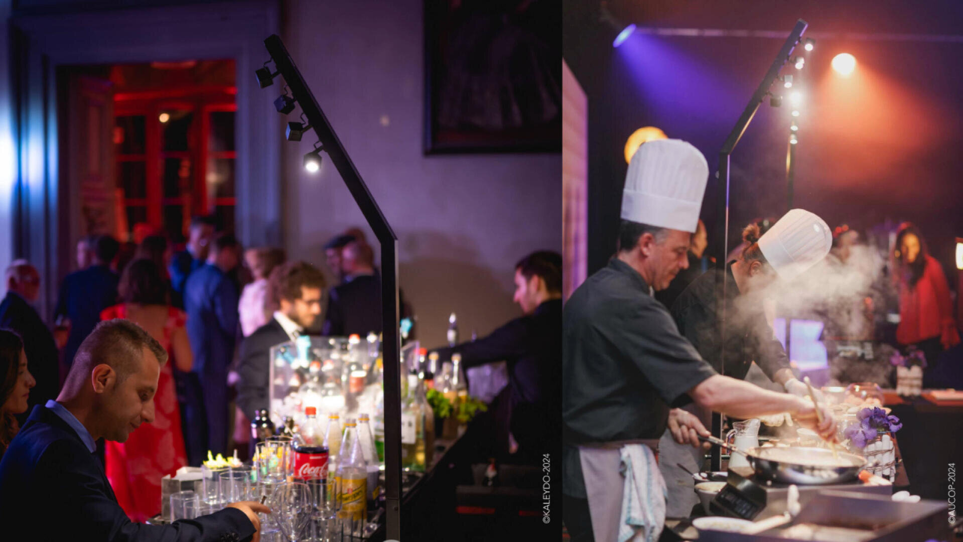 Ein Barkeeper mixt an einer gut besuchten Veranstaltung Getränke, während Köche mit Kochmützen an einer dampfenden Essensstation unter bunten Lichtern kochen.