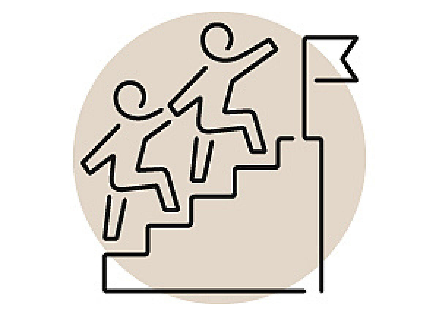 Strichzeichnung einer Person, die einer anderen hilft, die Treppe hinaufzusteigen, um zu einer Flagge zu gelangen.