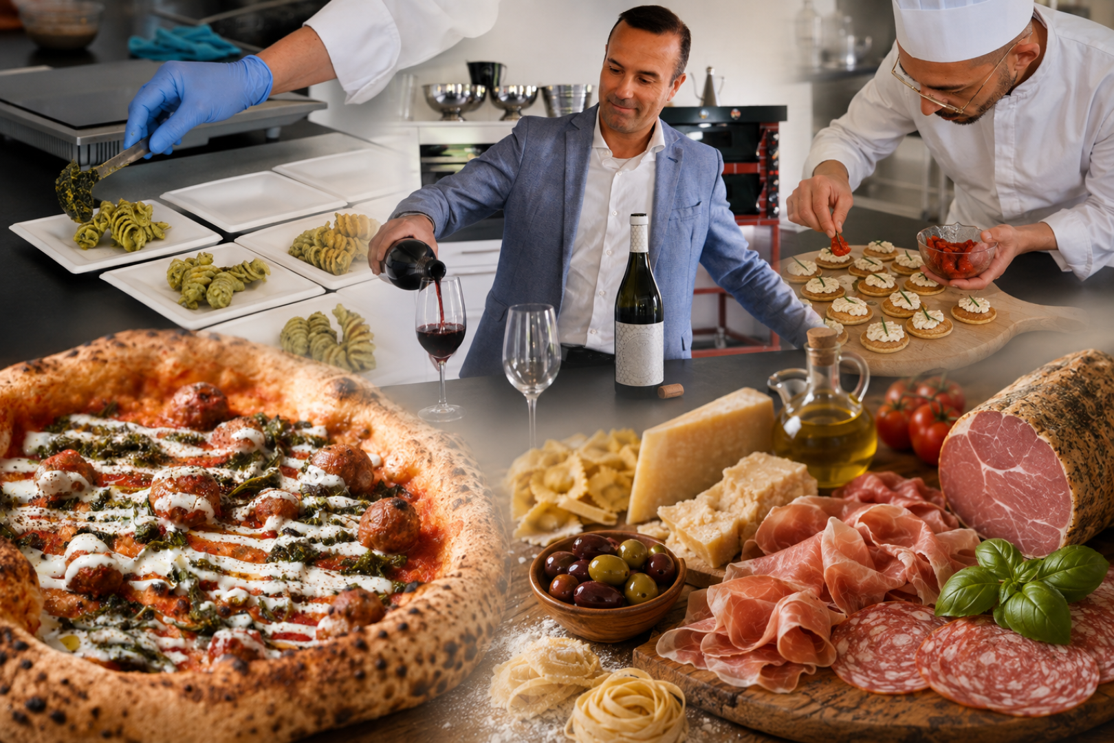 Eine Collage aus der italienischen Küche: ein Koch, der Pasta anrichtet, ein Mann, der Rotwein einschenkt, ein weiterer Koch, der Vorspeisen zubereitet, sowie Nahaufnahmen von Pizza, Wurstwaren, Käse, Oliven und frischer Pasta.