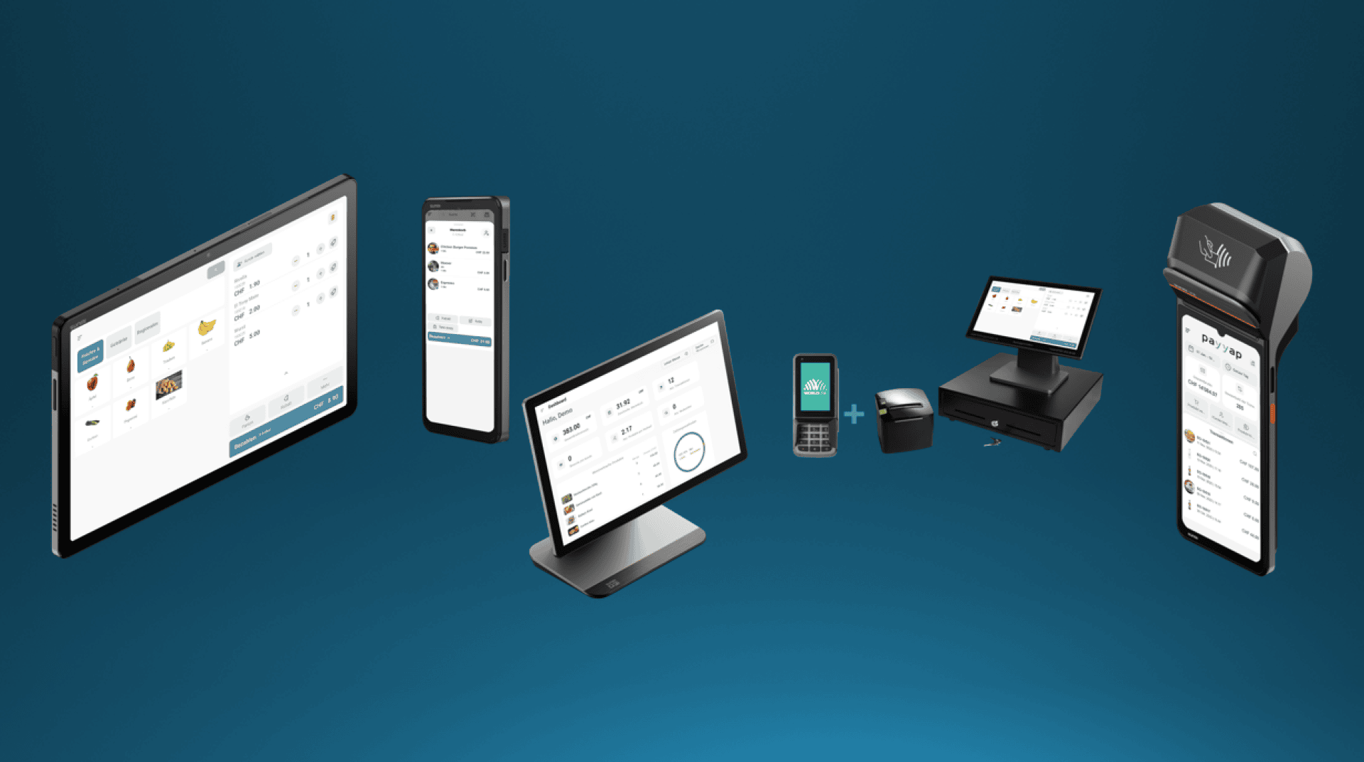 Auf einem blauen Hintergrund mit Farbverlauf sind fünf verschiedene digitale Kassengeräte (POS) und Zahlungsterminals abgebildet, darunter Tablets, Smartphones, Kartenlesegeräte und ein Kassensystem.