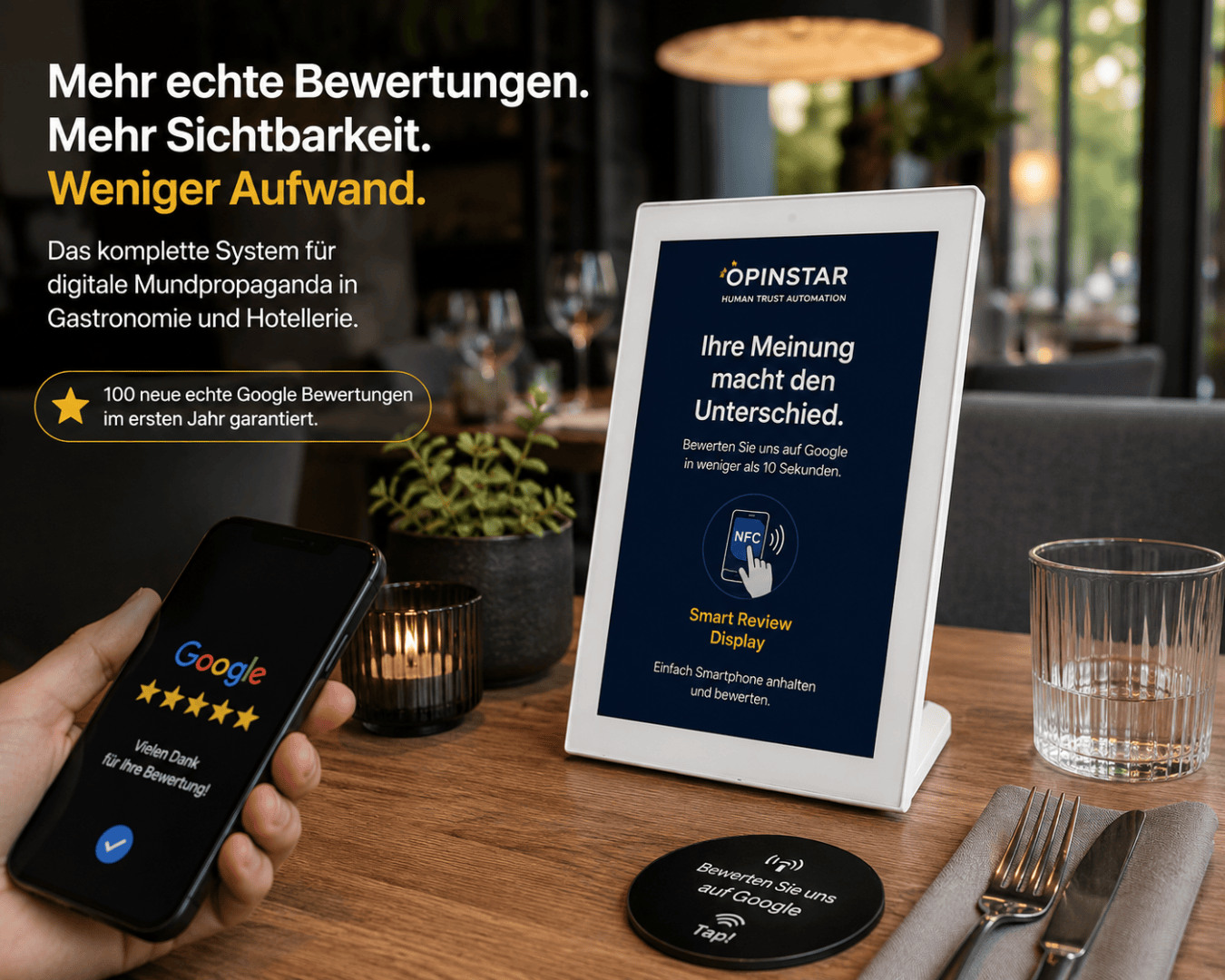 Eine Person hält ein Smartphone in der Hand, auf dessen Bildschirm eine Google-Bewertungsseite zu sehen ist, während daneben ein Tablet liegt, auf dem eine Aufforderung zur Abgabe einer Bewertung angezeigt wird. Der Text hebt hervor, wie einfach es für Unternehmen im Gastgewerbe ist, Feedback zu erhalten, was zu mehr Sichtbarkeit und weniger Aufwand führt.