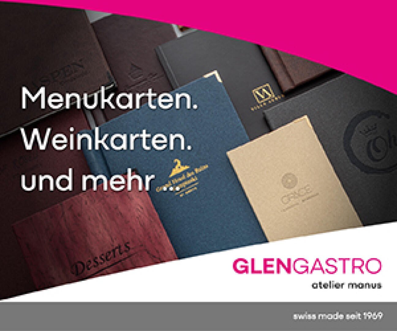 Mehrere Menü- und Weinkartenumschläge in verschiedenen Farben und Strukturen sind so angeordnet, dass sie sich überlappen. In weißer Schrift steht dort: „Menükarten. Weinkarten. und mehr.“ Unten ist das GLENGASTRO-Logo zu sehen.