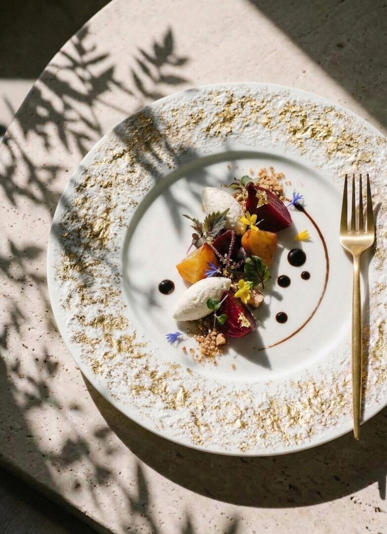 Ein raffiniert angerichtetes Dessert mit Sahnetupfen, bunten Obststückchen, Streuseln, essbaren Blüten und Soßenklecksen auf einem weißen Teller mit goldenen Akzenten, daneben eine goldene Gabel. Blattschatten fallen über den Tisch.