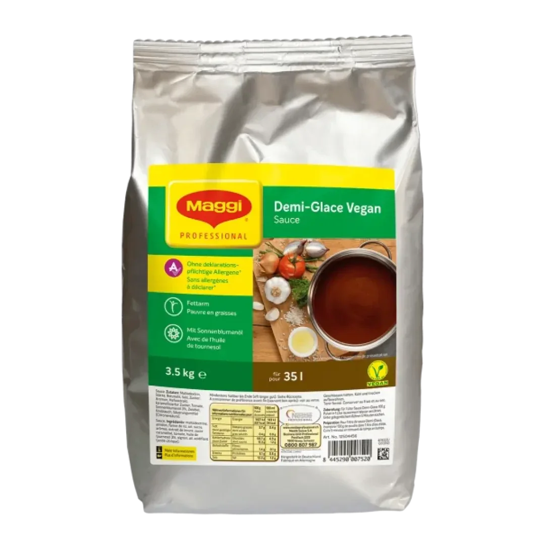 Ein großer Folienbeutel mit veganer Demi-Glace-Sauce von Maggi Professional, der 35 Liter ergibt, mit Nährwertangaben und Zubereitungshinweisen auf der Vorderseite.