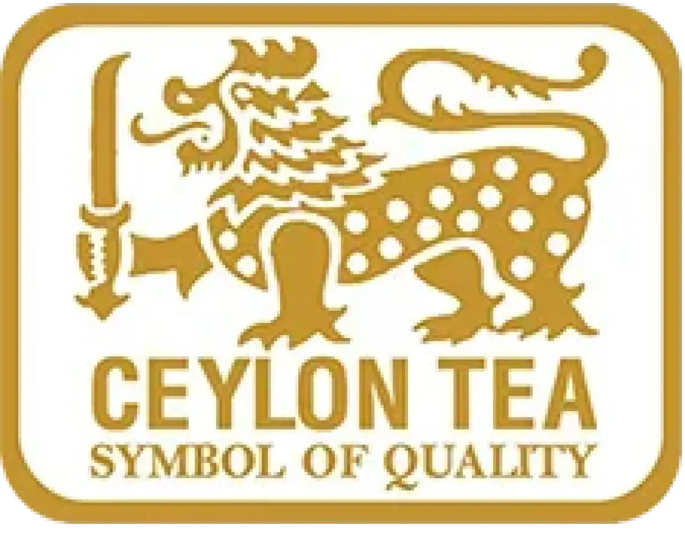 Logo eines stilisierten Löwen, der ein Schwert hält, darunter der Text CEYLON TEA SYMBOL OF QUALITY.