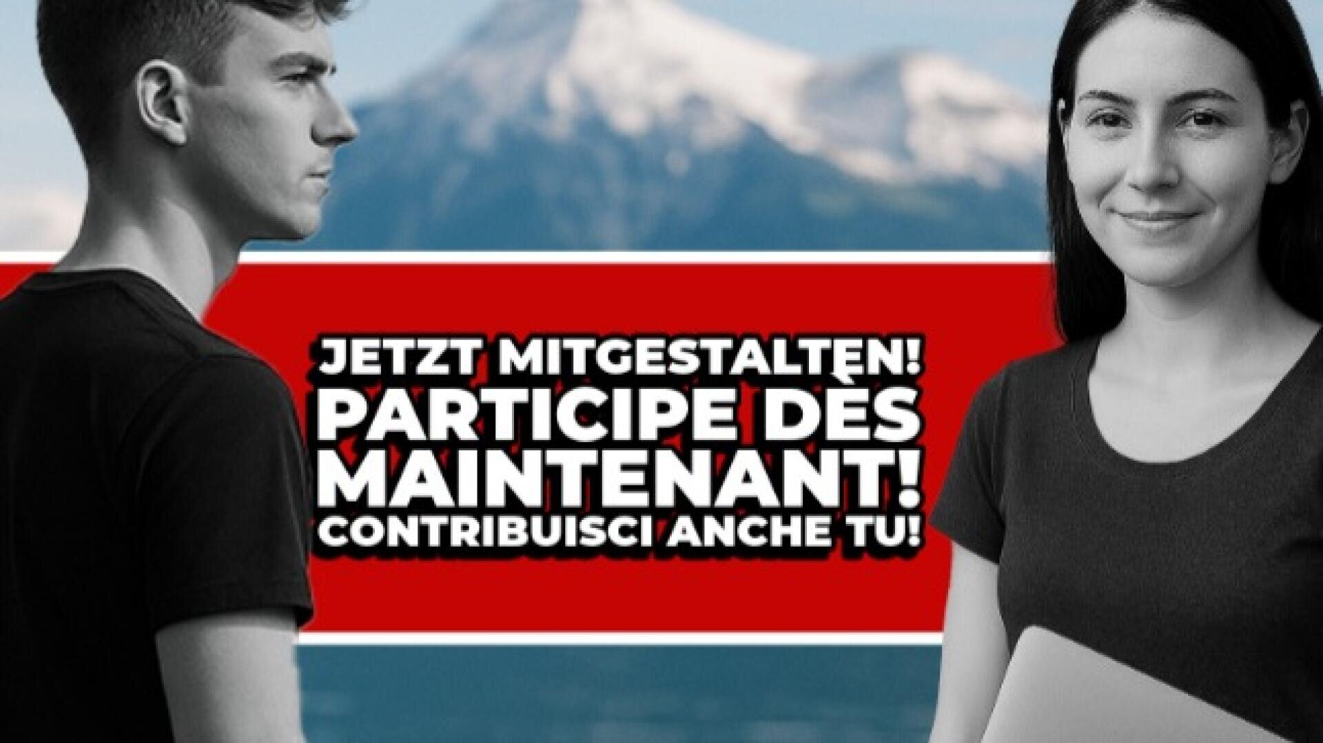 Ein junger Mann und eine Frau halten Laptops in der Hand und stehen vor einem unscharfen Hintergrund aus Bergen und Seen. Ein fettes rotes Banner mit Text in deutscher, französischer und italienischer Sprache lädt die Menschen zur Teilnahme ein.