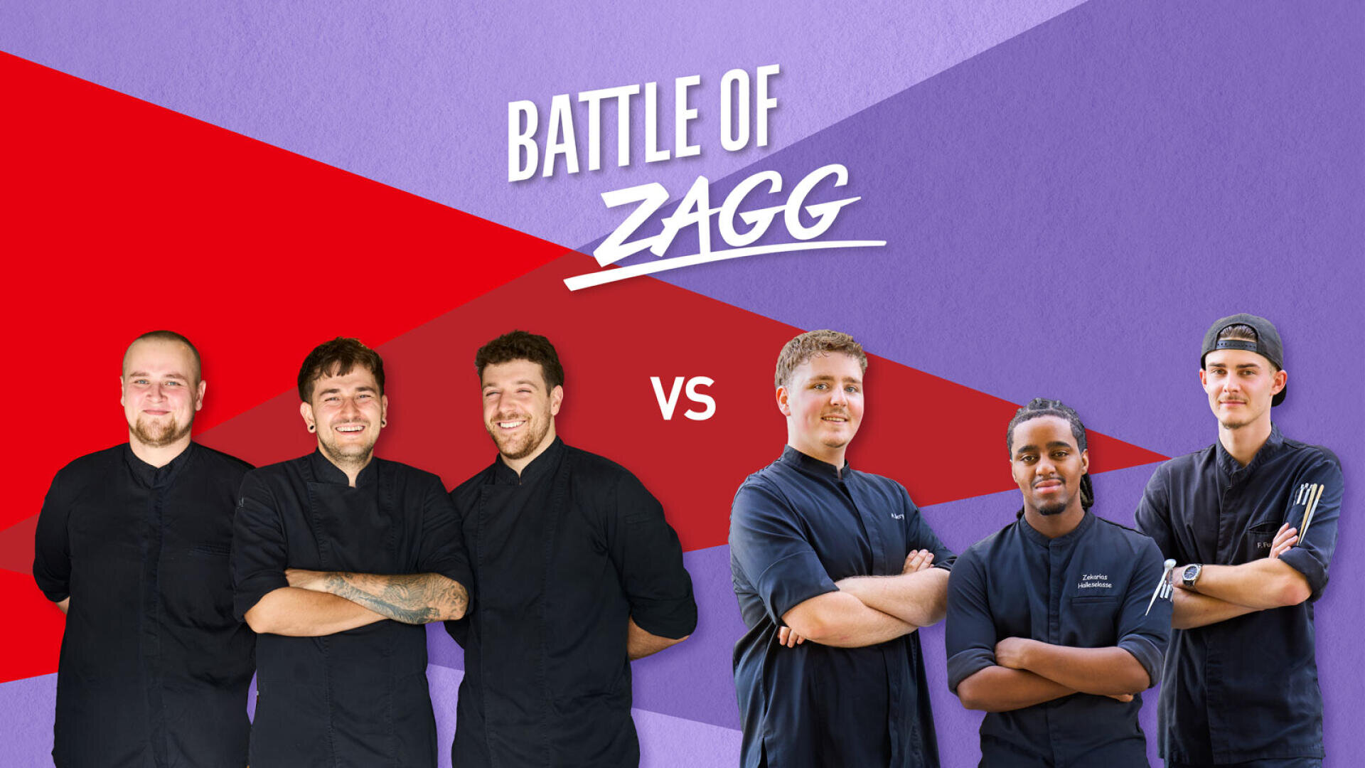 Sechs Köche in schwarzen Uniformen posieren für eine Grafik zum Kochwettbewerb Battle of Zagg.