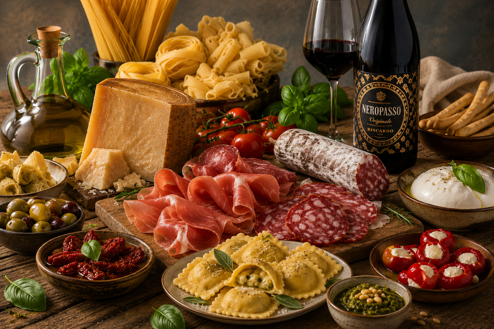 Eine Auswahl an italienischen Spezialitäten, darunter Wurstwaren, Käse, Pasta, Oliven, sonnengetrocknete Tomaten, gefüllte Paprikaschoten, Grissini, Basilikum, eine Flasche Rotwein, Olivenöl sowie kleine Schälchen mit Pesto und Artischocken.